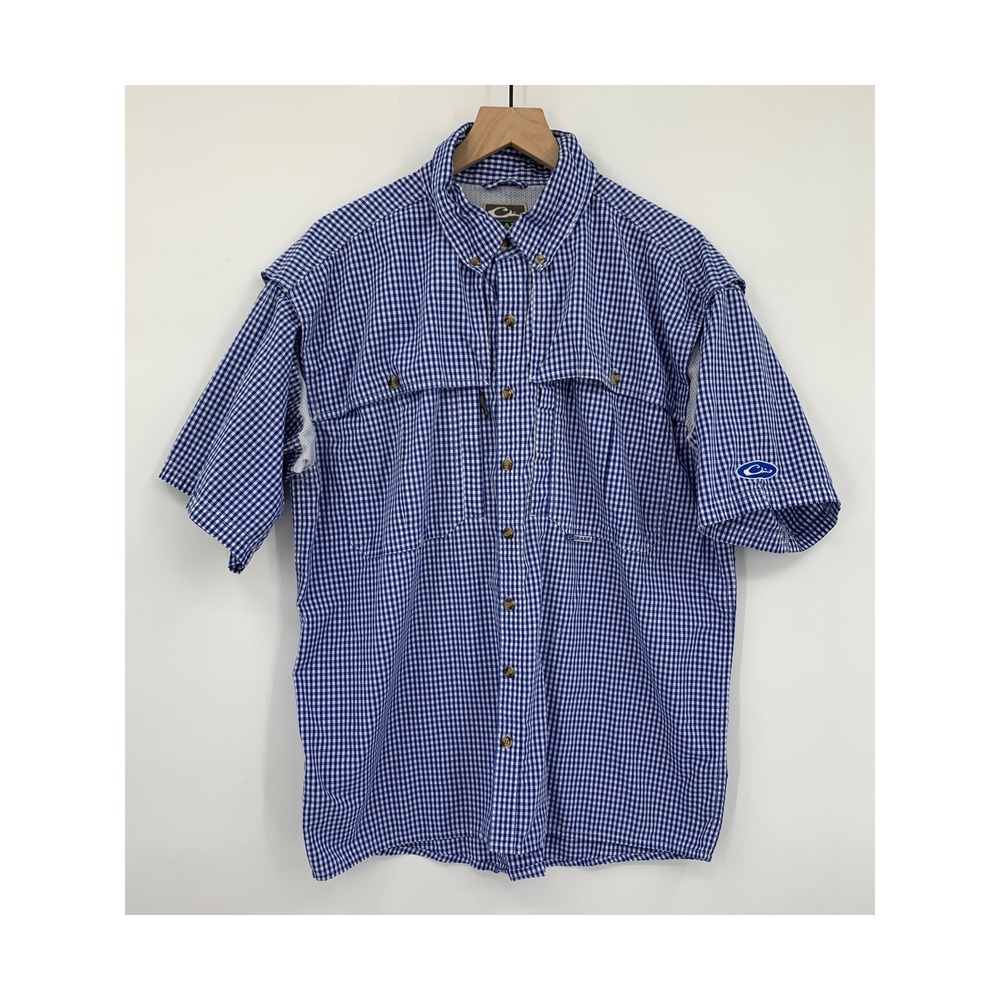 Drake Waterfowl Shirt Mens Large Blue Gingham Plaid Vented Fishing Short Sleeve